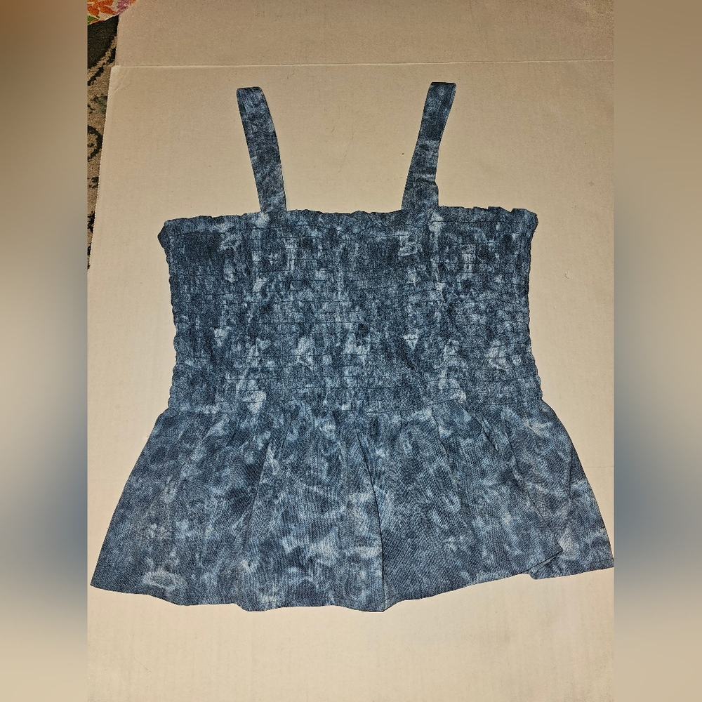 Michael Kors Blue Tie Dye Boho Style Smocked Sleeveless Blouse Tank Top L